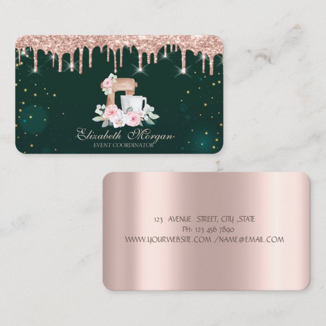 Rose Gold Drips Mixer Flowers Green  Business Card (Front/Back)