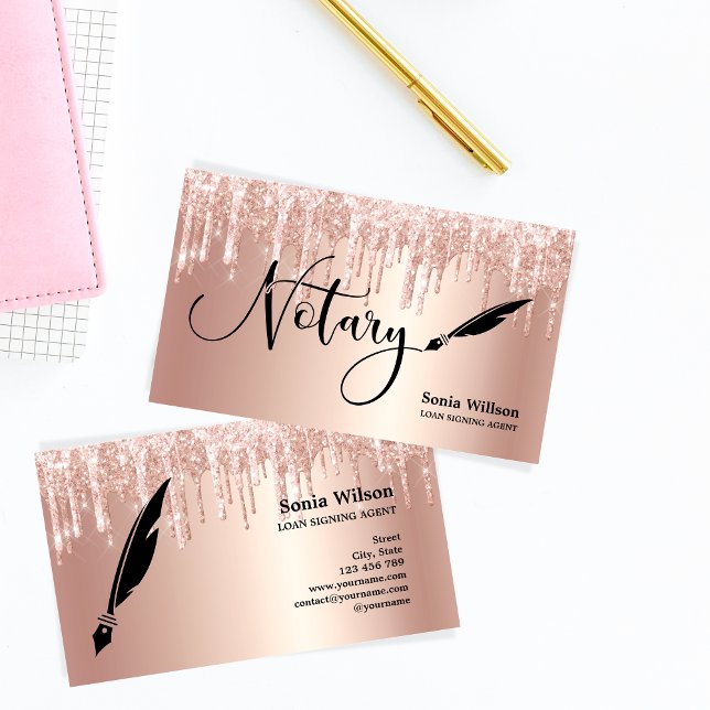 Rose Gold Drips Modern Notary Loan Signing Agent B Business Card (Creator Uploaded)