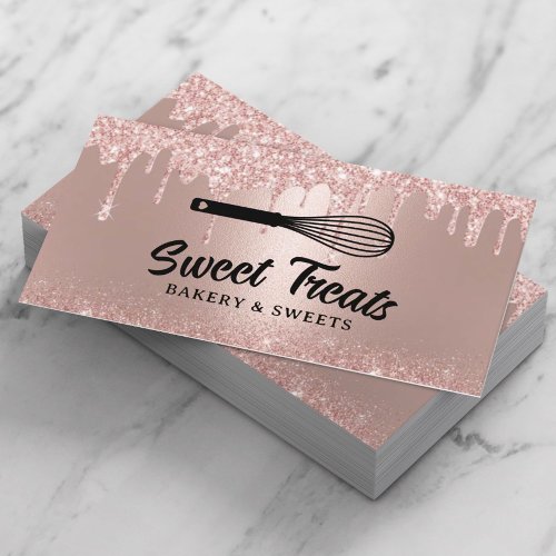 Rose Gold Drips Pastry Whisk Cupcake Bakery  Business Card