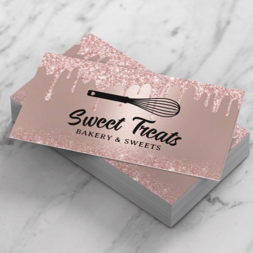 Customizable Rose Gold Drips Pastry Whisk Cupcake Bakery  Business Card