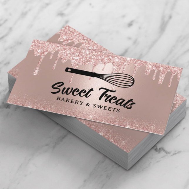 Rose Gold Drips Pastry Whisk Cupcake Bakery  Business Card (Creator Uploaded)