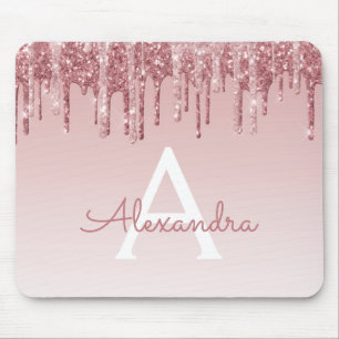 Rose Gold Drips Pink Glitter Monogram Mousepad