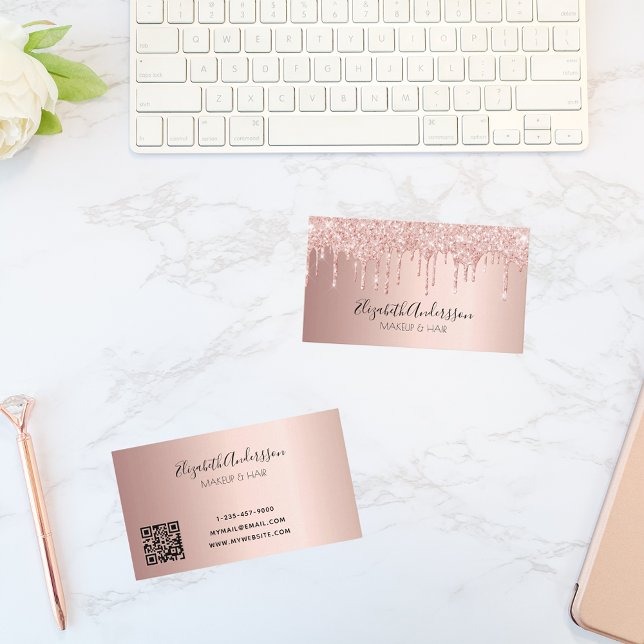Rose gold drips QR code script Business Card (Creator Uploaded)