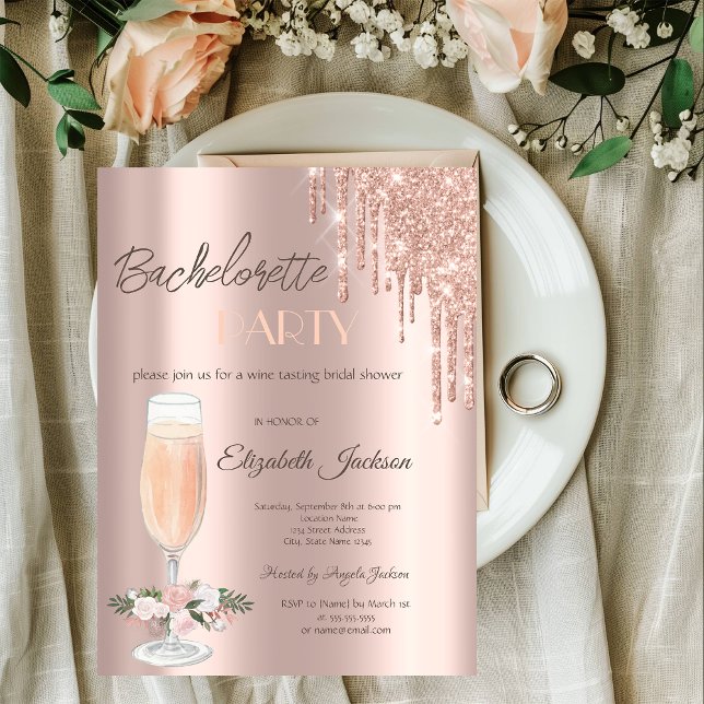 Rose Gold Drips Roses Bachelorette Party   Invitation (Creator Uploaded)