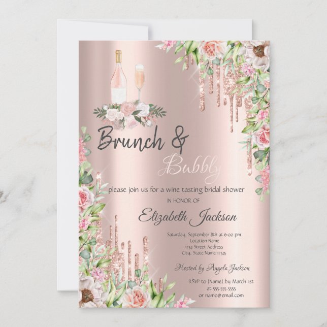 Rose Gold  Drips Roses Brunch & Bubbly  Invitation (Front)