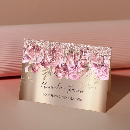 Rose Gold Drips Roses Logo Event Planner QRCODE  Business Card