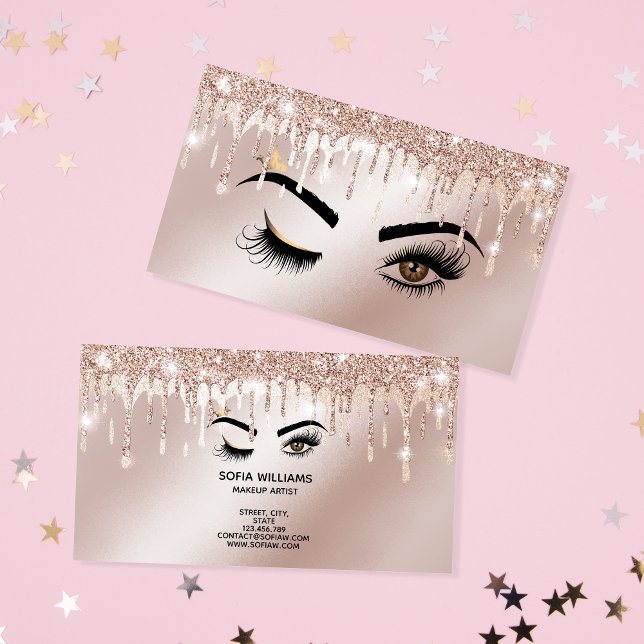 Rose Gold Drips Sparkle Lashes Wink Eye Makeup Business Card (Creator Uploaded)