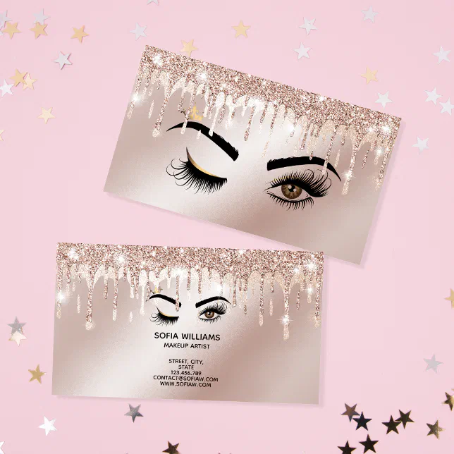 Rose Gold Drips Sparkle Lashes Wink Eye Makeup Business Card Zazzle 