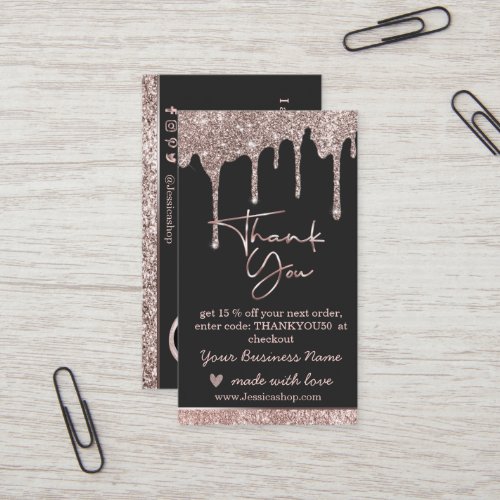 Rose gold drips thank you business card