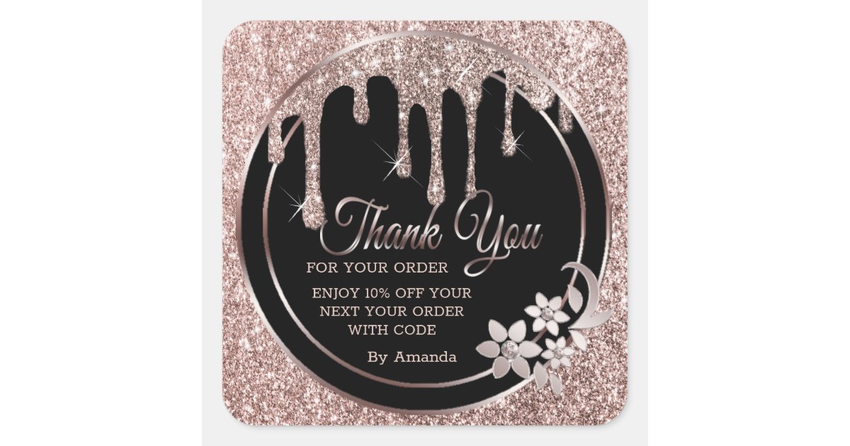 Rose gold drips thank you square sticker | Zazzle