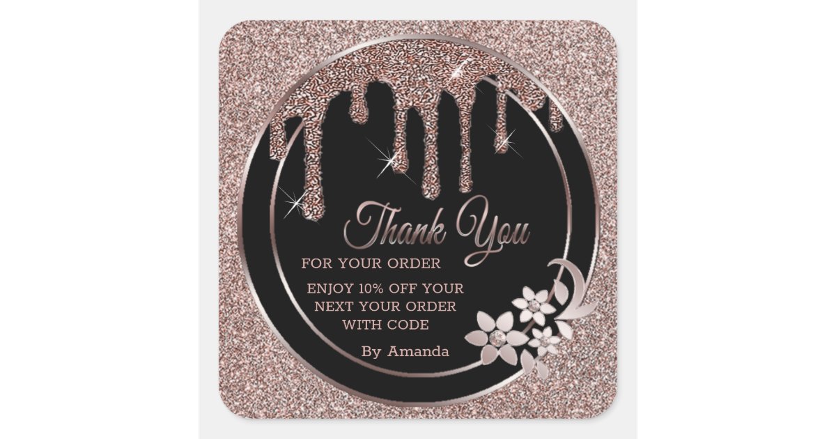 Rose gold drips thank you square sticker | Zazzle