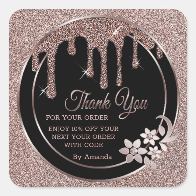 Rose gold drips thank you square sticker (Front)