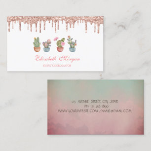 Rose Gold Drips Watercolor Cactus Business Card