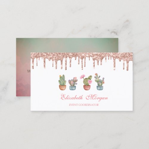 Rose Gold Drips Watercolor Cactus Business Card