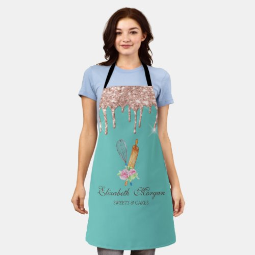 Rose Gold Drips whisk Rolling Pin Mint Green Apron