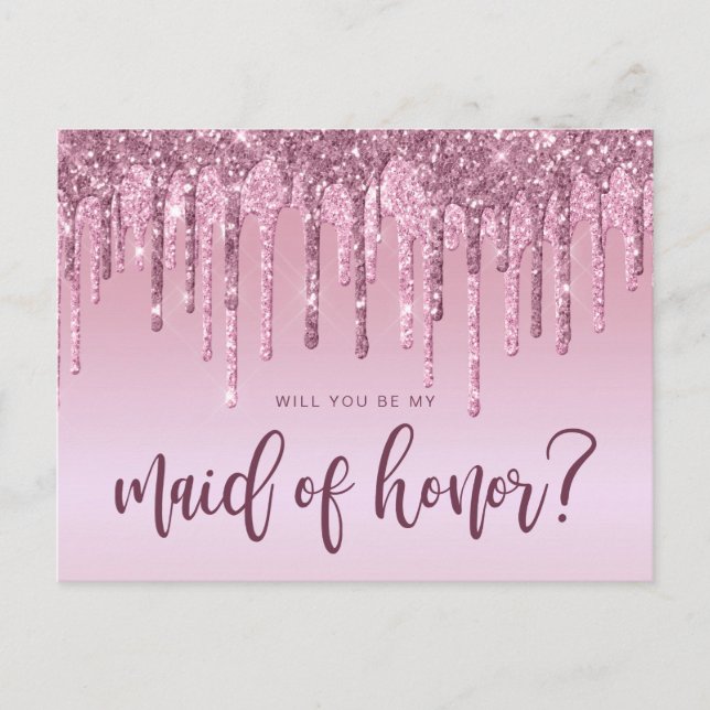 Rose gold drips will you be my maid of honor invitation postcard (Front)