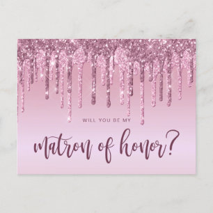 Rose gold drips will you be my matron of honor invitation postcard