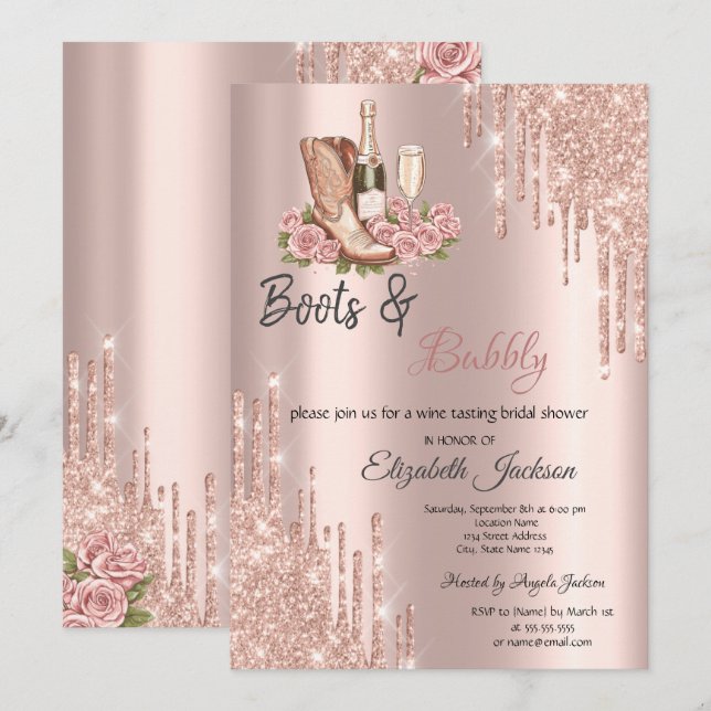 Rose Gold  Drips Wine Boots & Bubbly Bridal  Invitation (Front/Back)