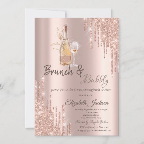 Rose Gold  Drips Wine Glass Brunch  Bubbly  Invitation