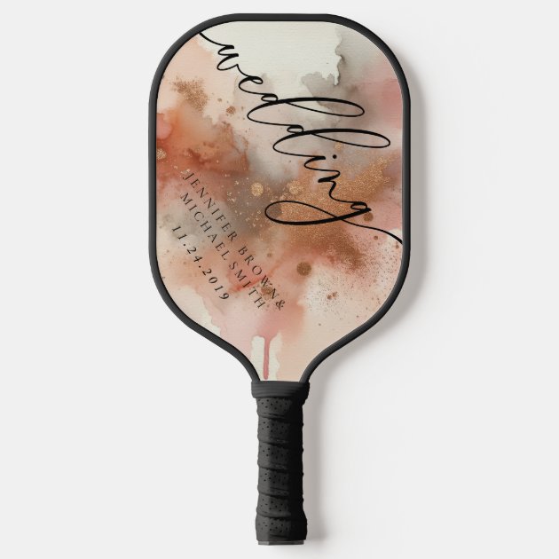Rose Gold Dust Watercolor Wedding Game Pickleball Paddle