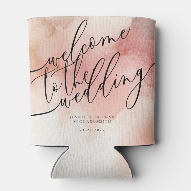 Rose Gold Dust Watercolor Welcome to Wedding Day Can Cooler