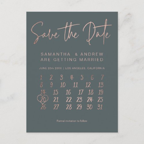 Rose gold dusty blue calendar save the date announcement postcard