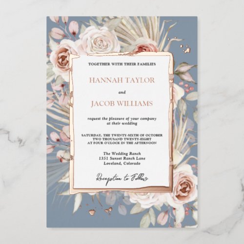 Rose Gold Dusty Blue Floral Boho Wedding Foil Invitation