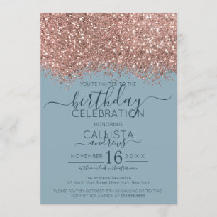 Rose Gold Dusty Blue Glitter Confetti Birthday Invitation