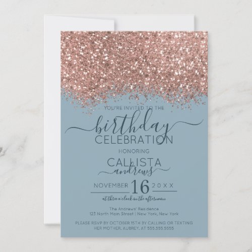 Rose Gold Dusty Blue Glitter Confetti Birthday Invitation