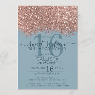 Rose Gold Dusty Blue Glitter Confetti Sweet 16 Invitation