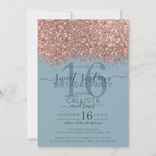 Rose Gold Dusty Blue Glitter Confetti Sweet 16 Invitation