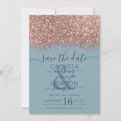 Rose Gold Dusty Blue Glitter Confetti Wedding Save The Date