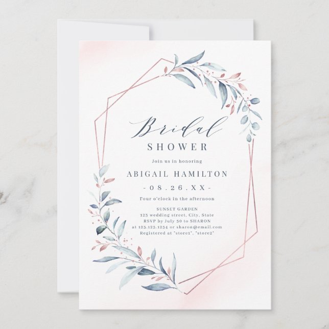 Rose Gold Dusty Blue Greenery Bridal Shower Invitation (Front)