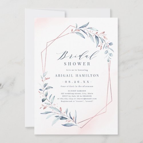 Rose Gold Dusty Blue Greenery Bridal Shower Invitation