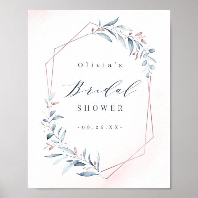 Rose Gold Dusty Blue Greenery Bridal Shower Poster (Front)