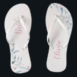 Rose Gold Dusty Blue Greenery bride Flip Flops<br><div class="desc">Rustic dusty blue watercolor botanical foliage greenery design,  with personalized name,  simple and elegant,  great personalized gifts for bride
See all the matching pieces in collection</div>