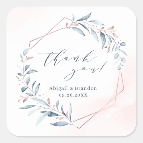 Rose Gold Dusty Blue Greenery Geometric Thank You Square Sticker