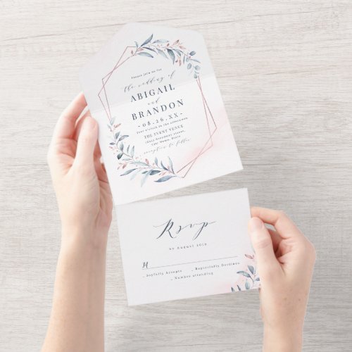 Rose Gold Dusty Blue Greenery Geometric Wedding All In One Invitation