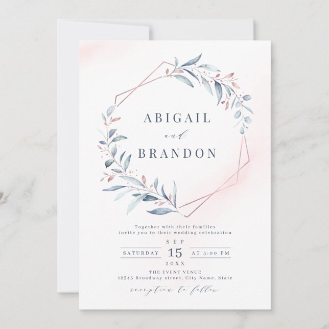 Rose Gold Dusty Blue Greenery Geometric Wedding Invitation (Front)