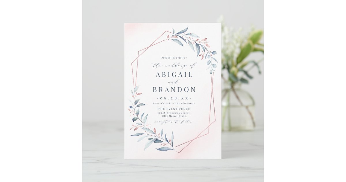 Rose Gold Dusty Blue Greenery Geometric Wedding Invitation | Zazzle