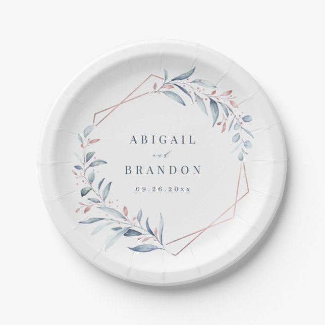Rose Gold Dusty Blue Greenery Geometric Wedding Paper Plates (Front)