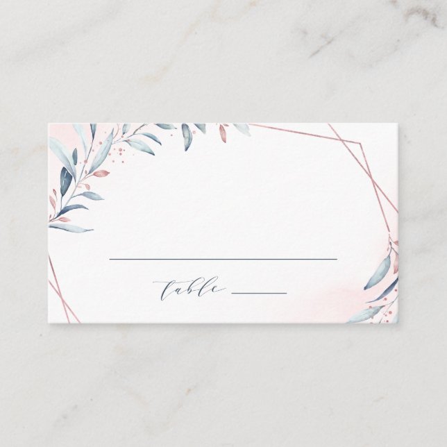 Rose Gold Dusty Blue Greenery Geometric Wedding Place Card (Front)