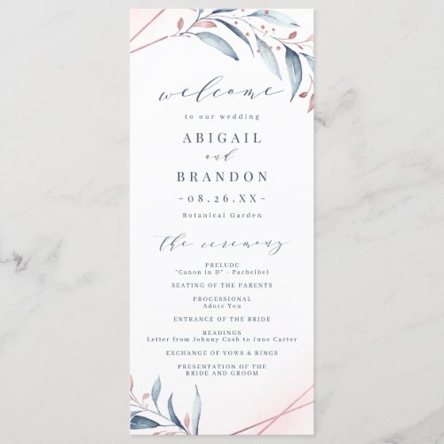 Rose Gold Dusty Blue Greenery Geometric Wedding Program