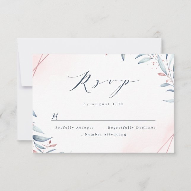 Rose Gold Dusty Blue Greenery Geometric Wedding RSVP Card (Front)