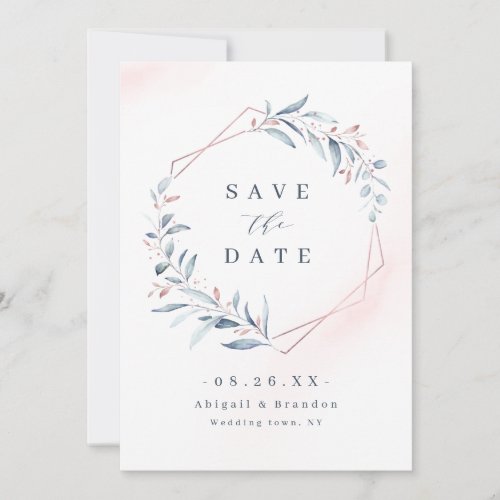 Rose Gold Dusty Blue Greenery Geometric Wedding Sa Save The Date