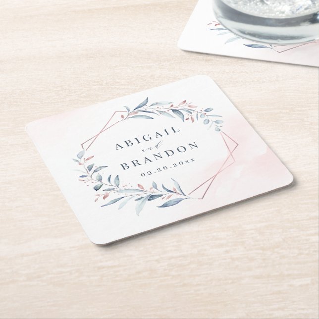 Rose Gold Dusty Blue Greenery Geometric Wedding Square Paper Coaster (Angled)