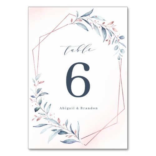 Rose Gold Dusty Blue Greenery Geometric Wedding Table Number