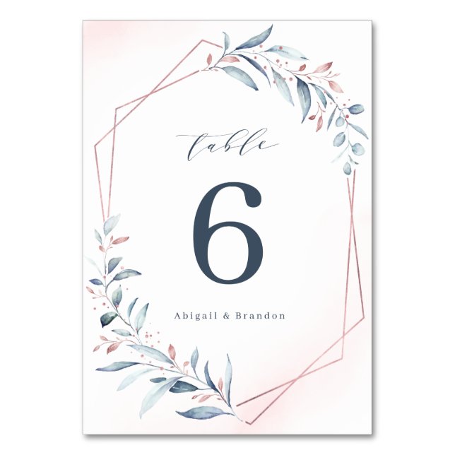 Rose Gold Dusty Blue Greenery Geometric Wedding Table Number (Front)