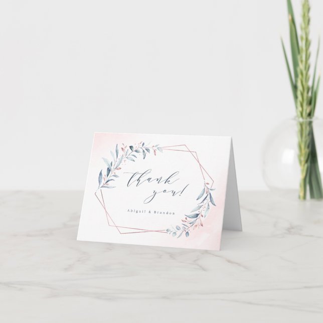 Rose Gold Dusty Blue Greenery Geometric Wedding Th Thank You Card (Front)