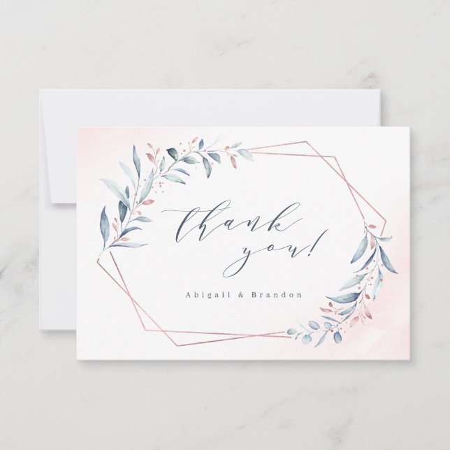 Rose Gold Dusty Blue Greenery Geometric Wedding Thank You Card (Front)